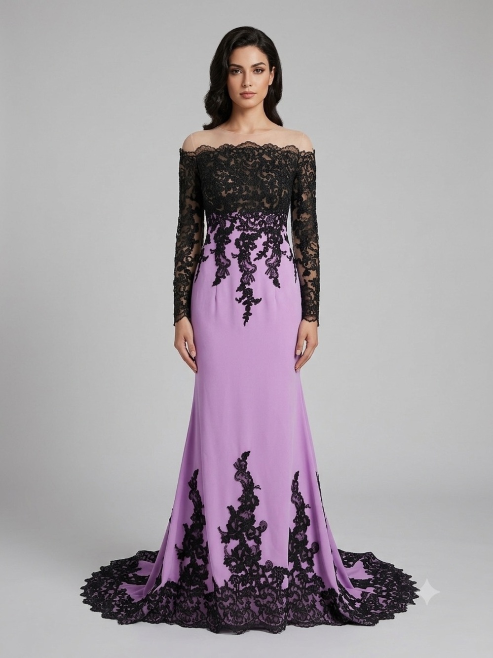 TS Couture Purple Lavender Black Lace Appliqué Off-Shoulder Mermaid Train Gown
